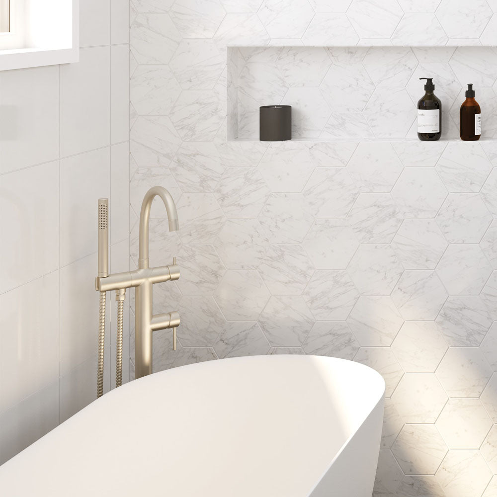 Kaya Floor Mounted Bath Mixer With Hand Shower - Brushed Nickel