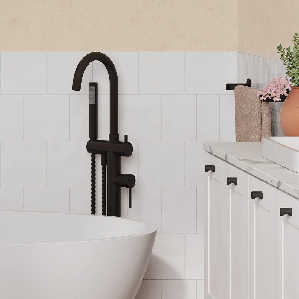 Kaya Floor Mounted Bath Mixer With Hand Shower - Matte Black