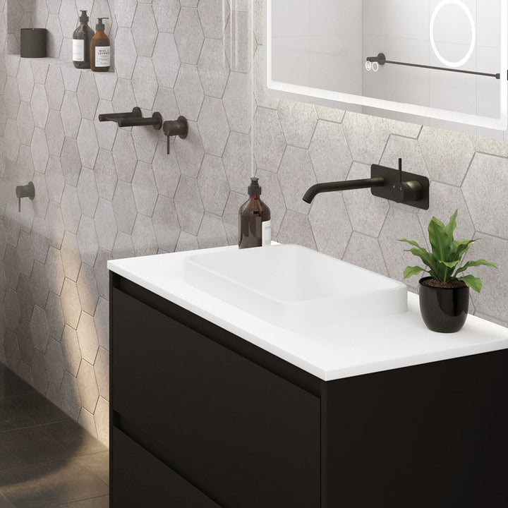 Kaya Up Basin/Bath Wall Mixer Set, Rectangular Plate, 160mm Outlet - Matte Black