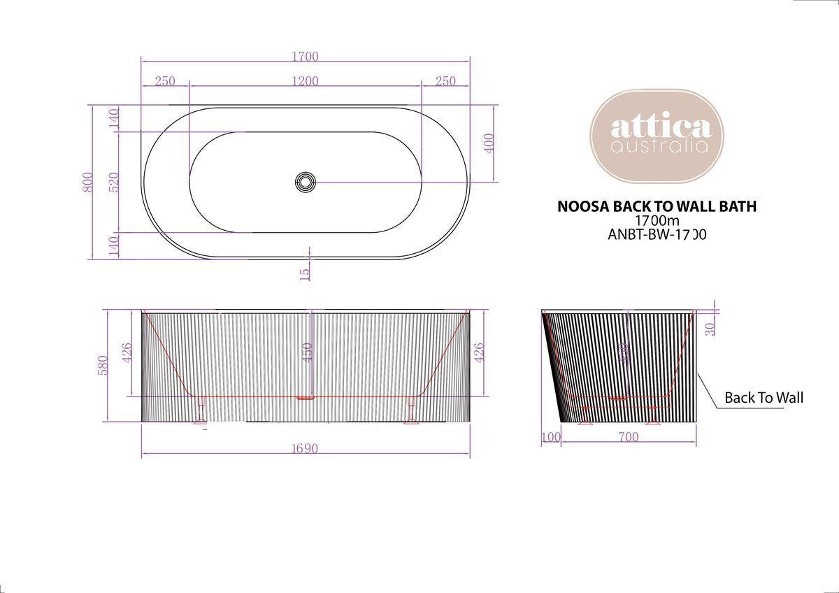 Attica Noosa Fluted 1700 Gloss White BTW Multi-fit Bath