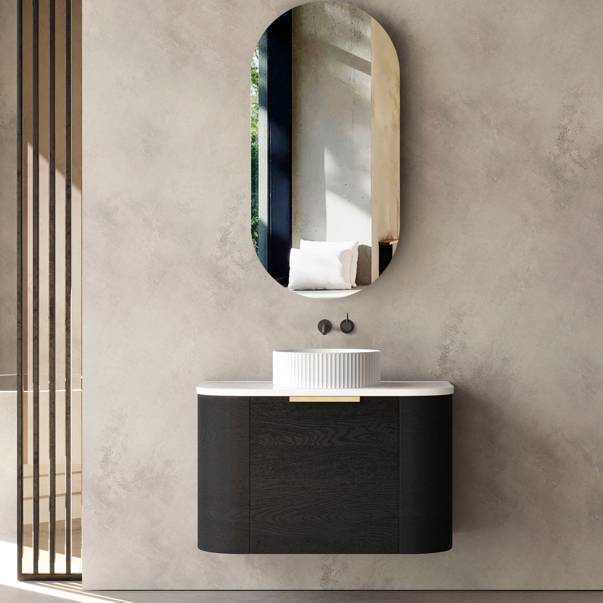 Bondi 750mm Black Oak Wall Hung Curve Vanity (12TH &amp; NTH Only)