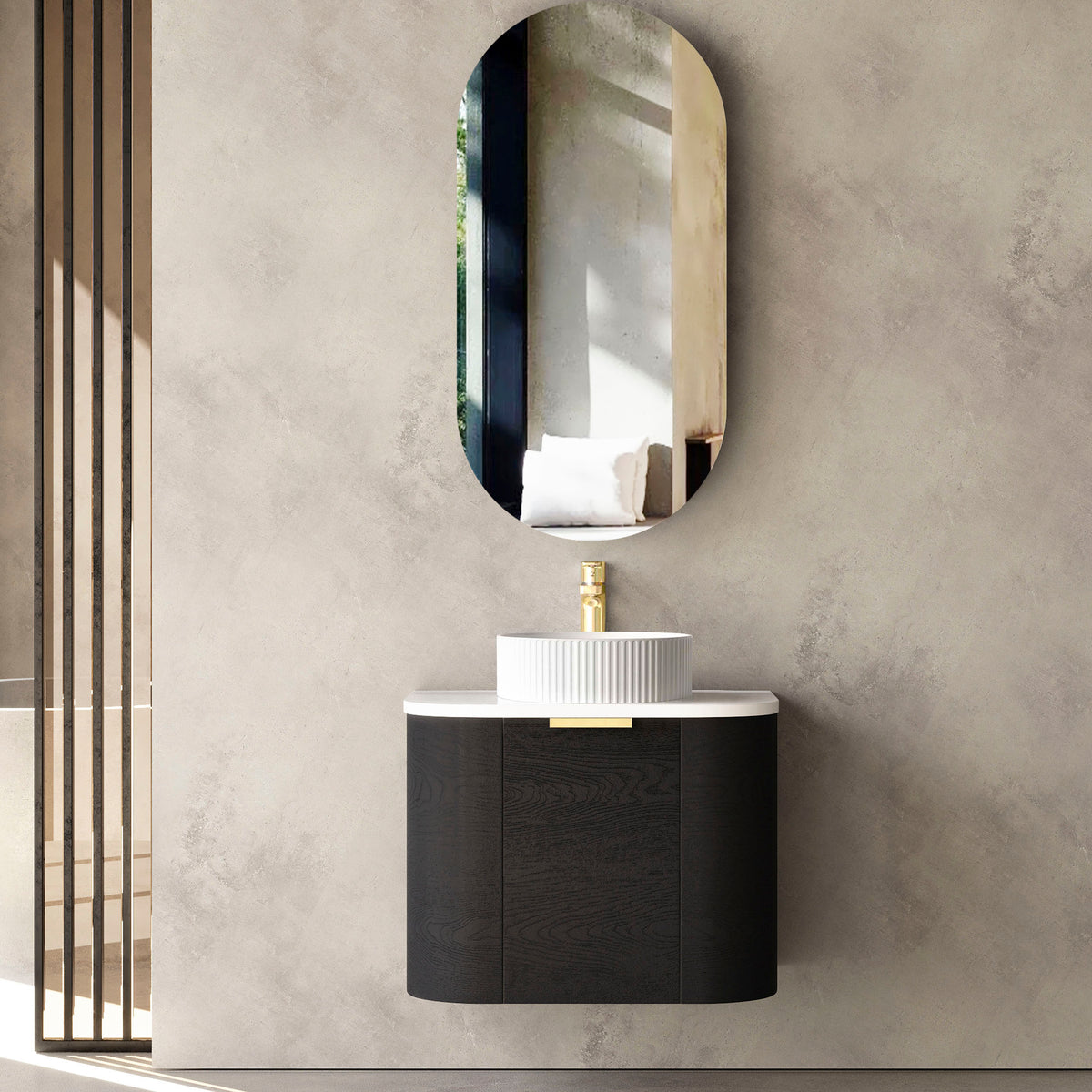 Bondi 600mm Black Oak Wall Hung Curve Vanity (12TH & NTH Only) - Cabinet Only