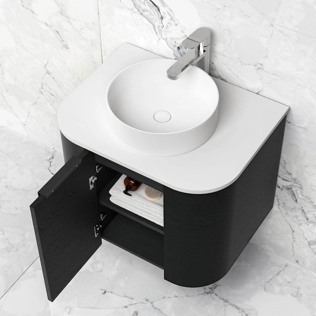 Bondi 600mm Black Oak Wall Hung Curve Vanity (12TH &amp; NTH Only)