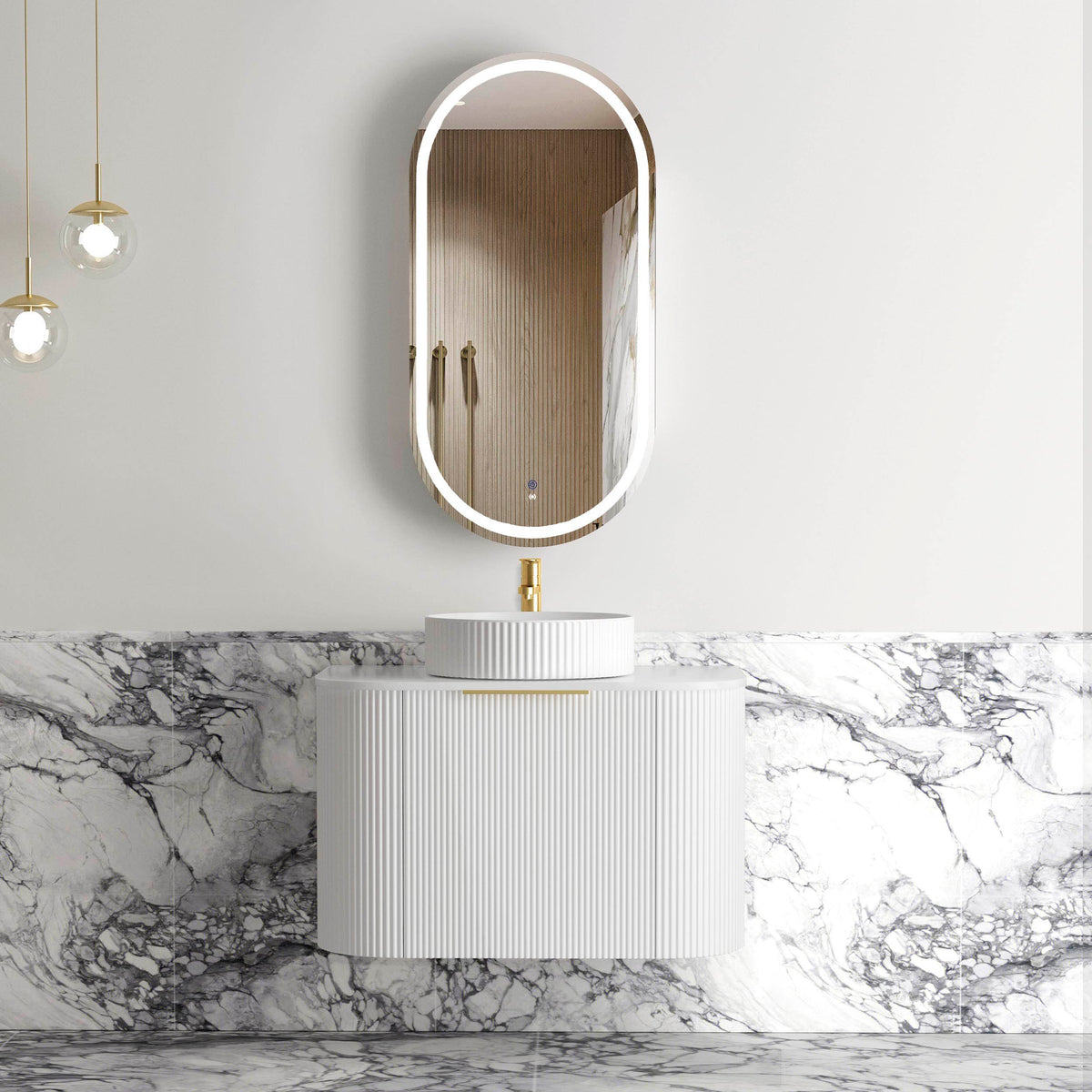 Bondi 750mm Satin White Fluted Wall Hung Curve Vanity (12TH & NTH Only) - Cabinet Only