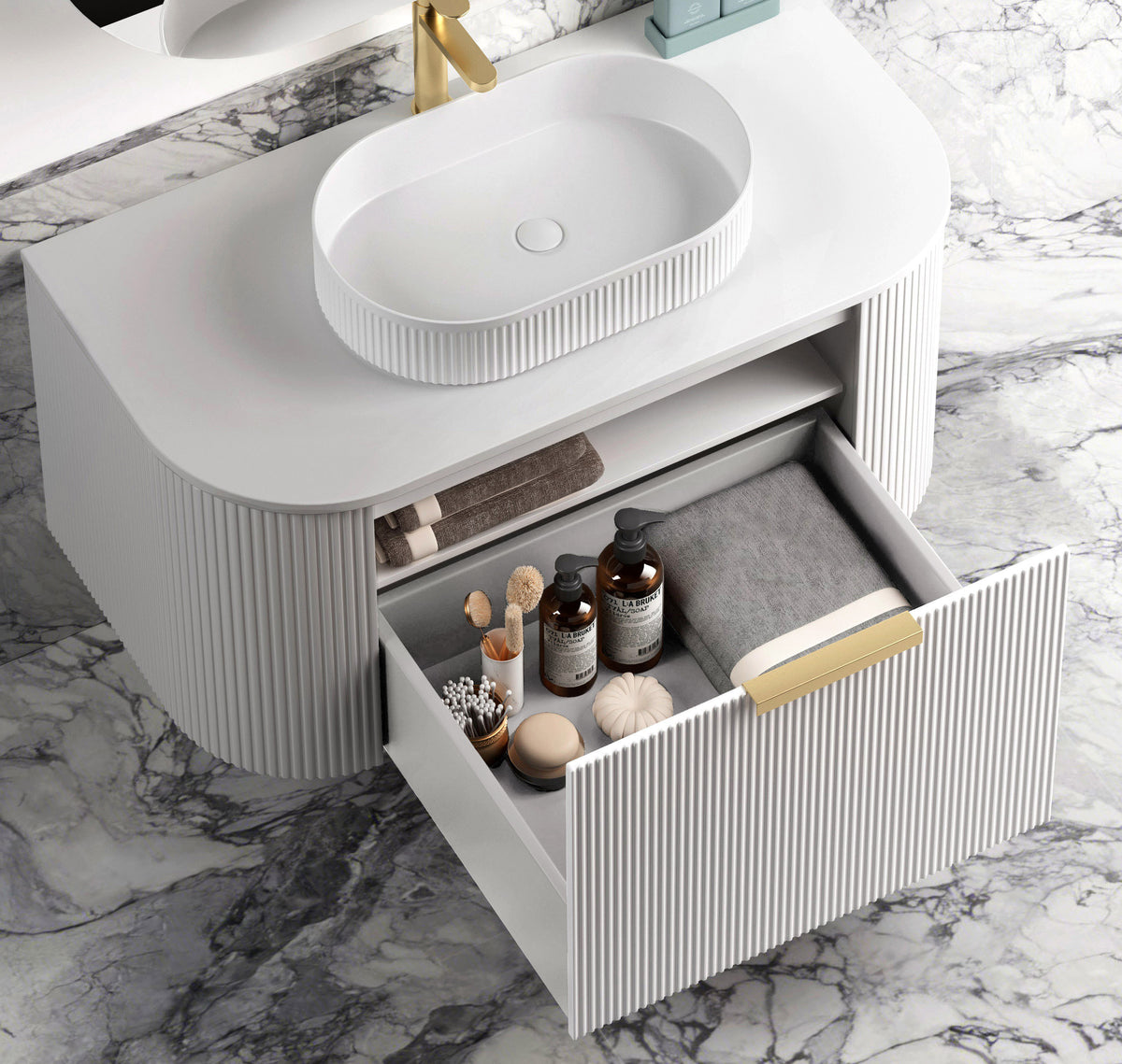 Bondi 750mm Satin White Fluted Wall Hung Curve Vanity (12TH &amp; NTH Only)