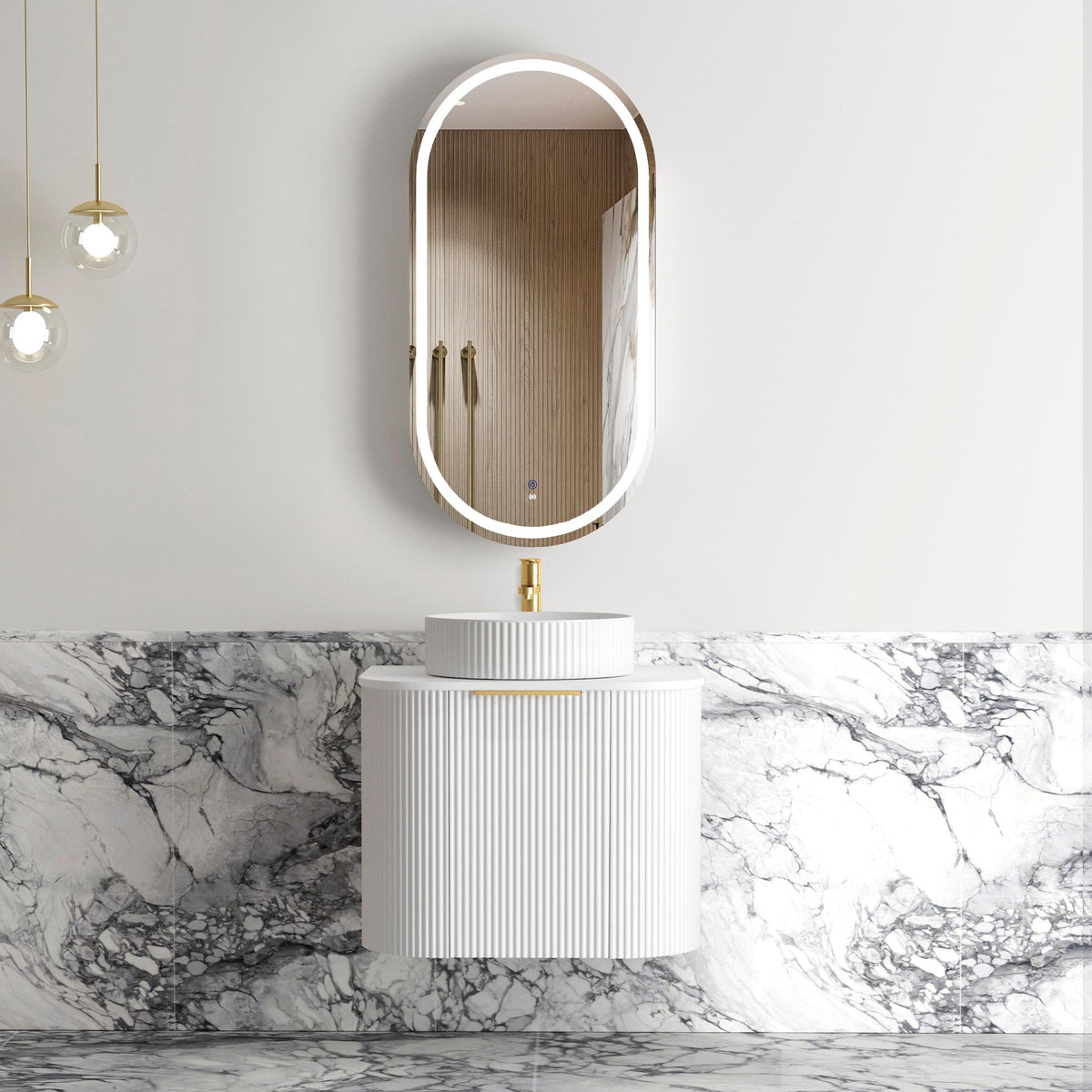 Bondi 600mm Satin White Fluted Wall Hung Curve Vanity (12TH & NTH Only) - Cabinet Only