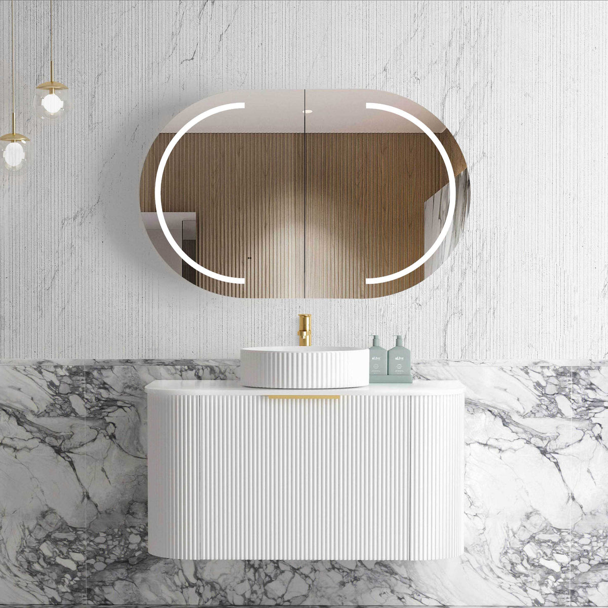 Bondi 900mm Satin White Fluted Wall Hung Curve Vanity - Cabinet Only
