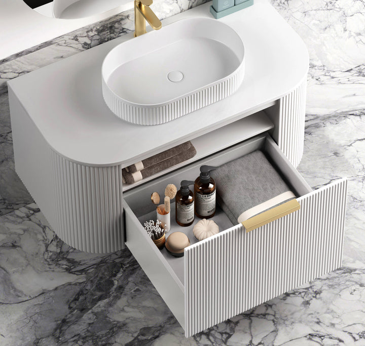 Bondi 900mm Satin White Fluted Wall Hung Curve Vanity