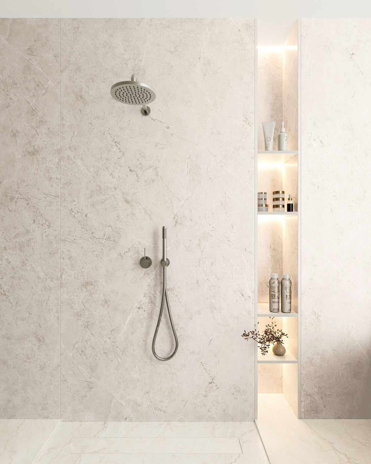 Dekton Evok in a shower with Dekton Thala