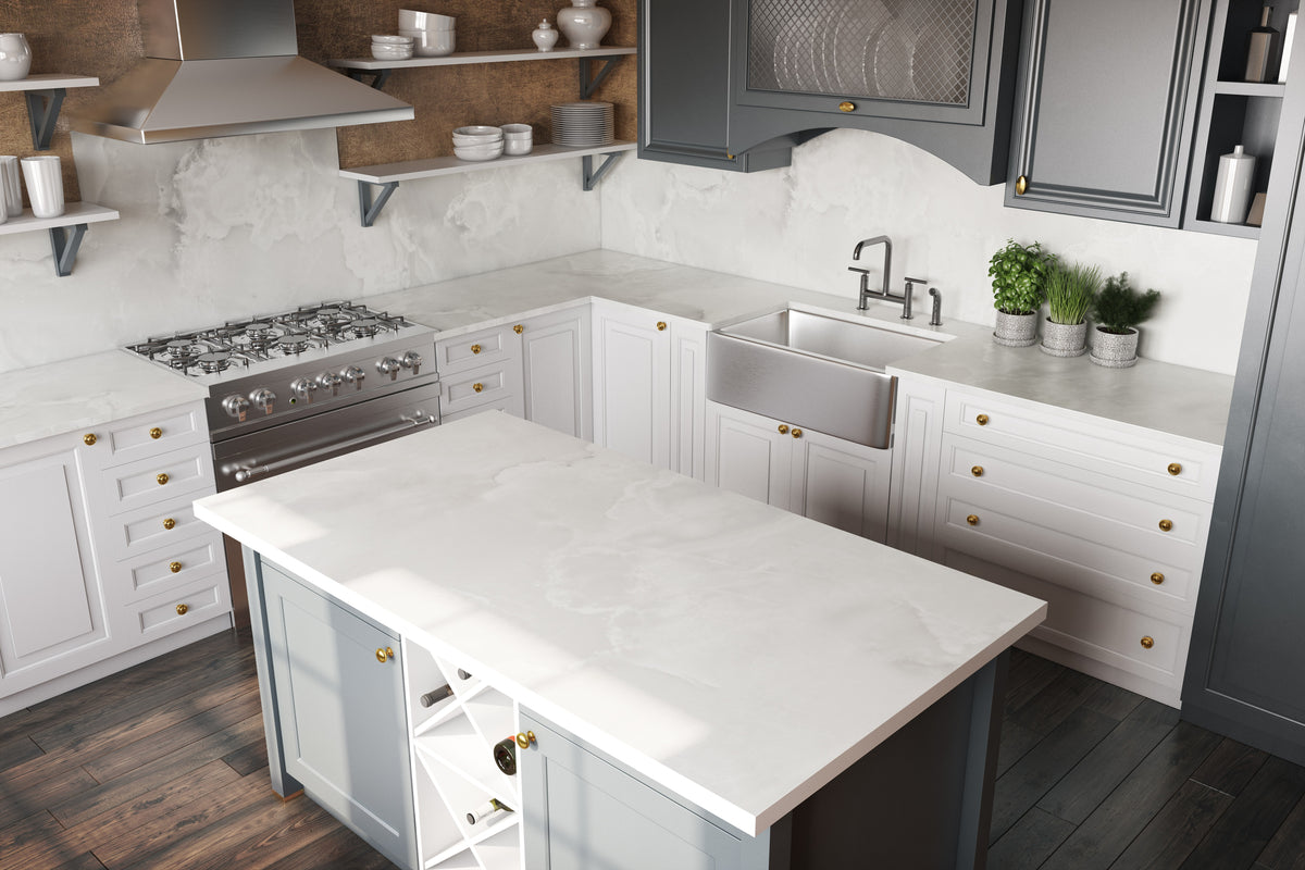 Dekton Helena on a kitchen island and splashback