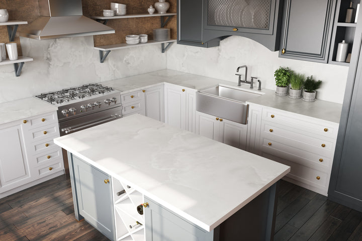 Dekton Helena on a kitchen island and splashback