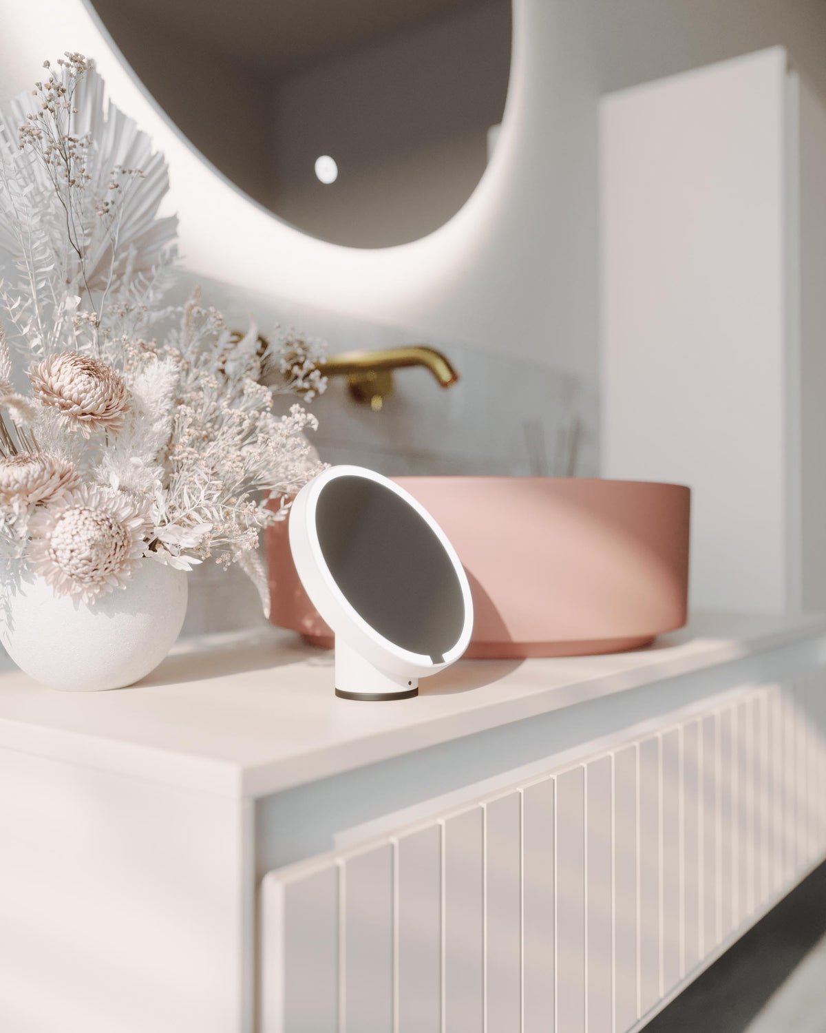 Sphere LED Mirror with Portable Magnifier Baltic Brass detail view 2
