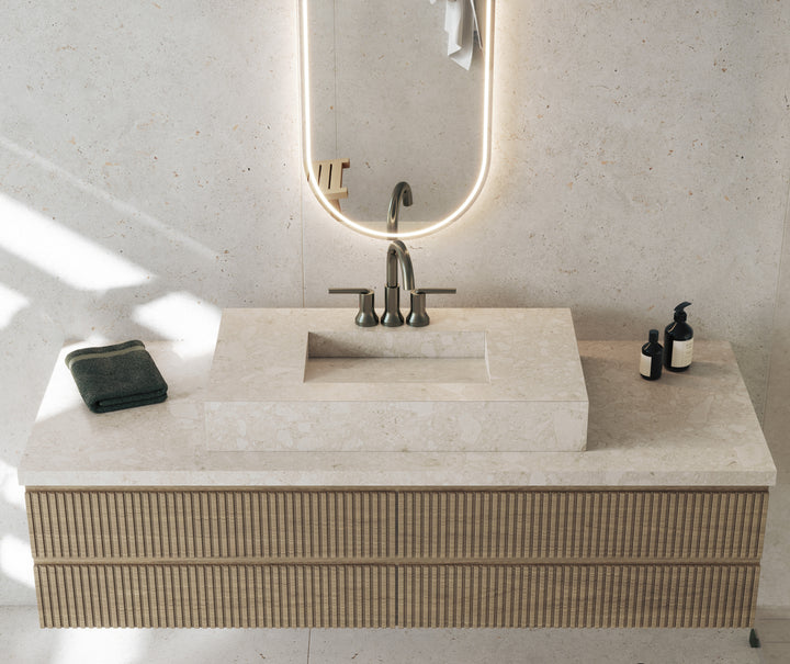 Dekton Ava in a bathroom with Dekton Polar, close-up