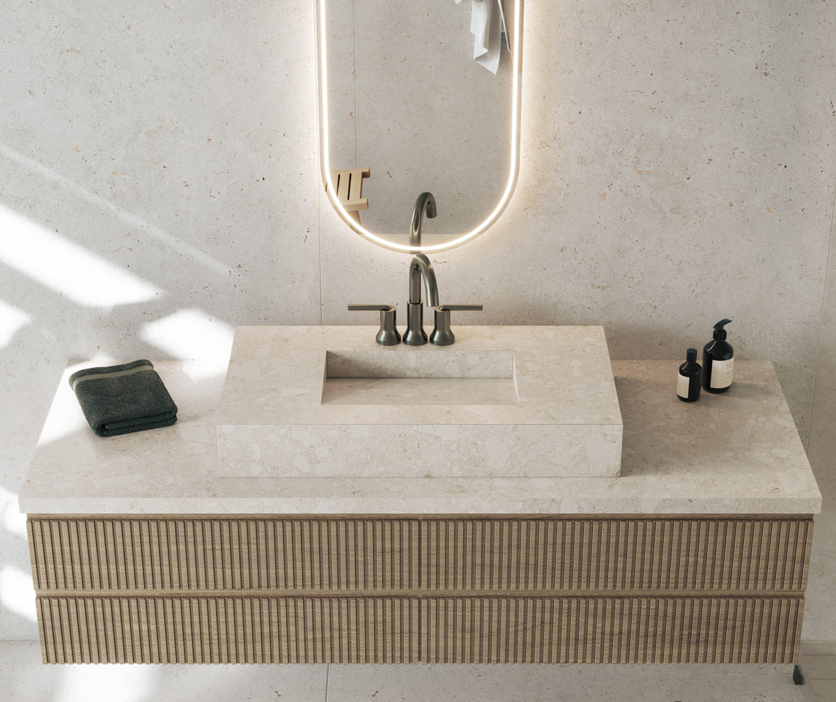 Dekton Polar in a bathroom with Dekton Ava, close-up