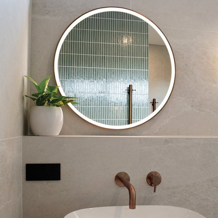 AURA Olëk Round LED Mirror - Brushed Bronze - lit