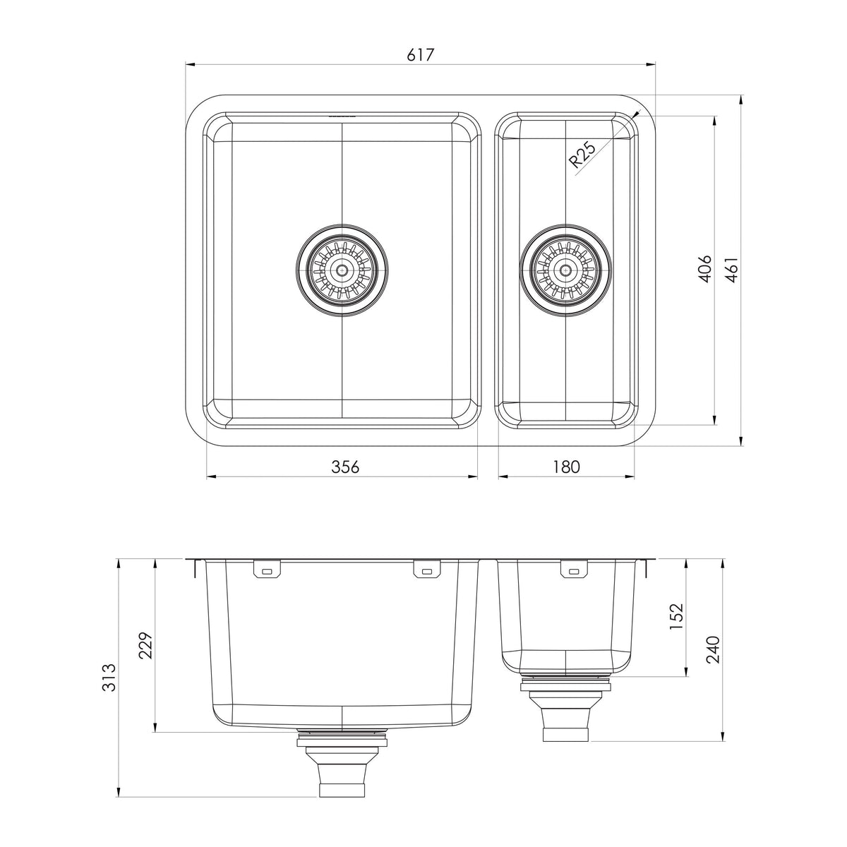 2000 Series 1 and 1/2 Bowl Sink - Stainless Steel