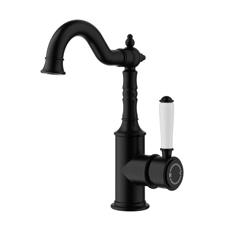 Clasico Tall Basin Mixer Hook Spout / Ceramic Handle - Matt Black