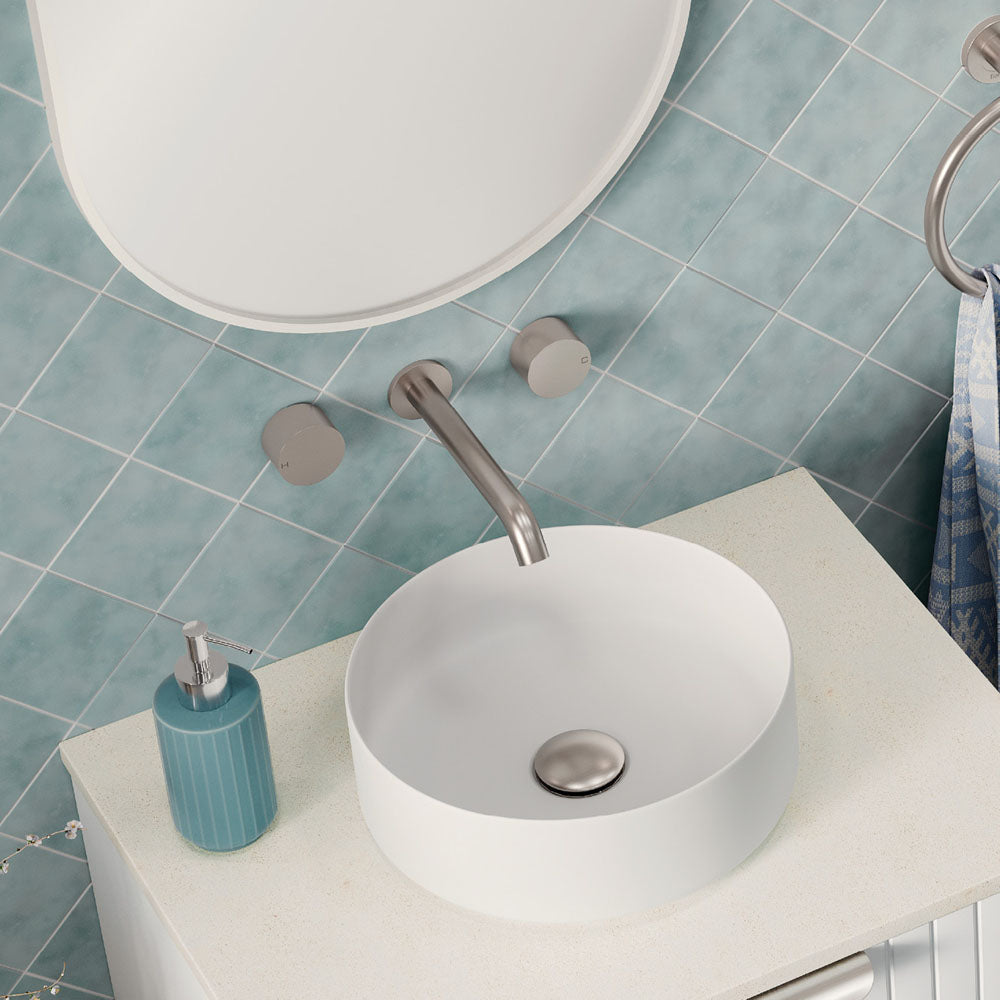 Kaya Wall Set, Round Taps, 180mm Outlet - Brushed Nickel