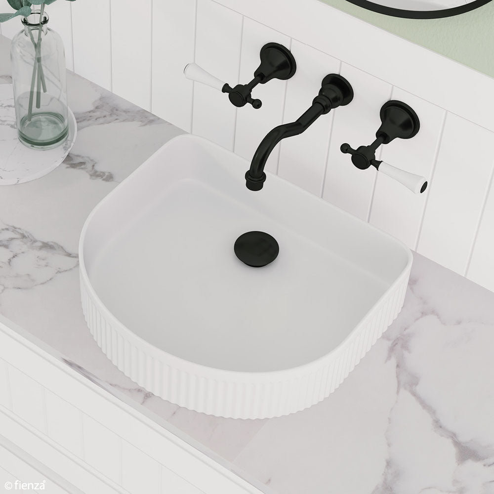 Lillian Lever Basin/Bath Wall Set - Matte Black with Ceramic White Handle