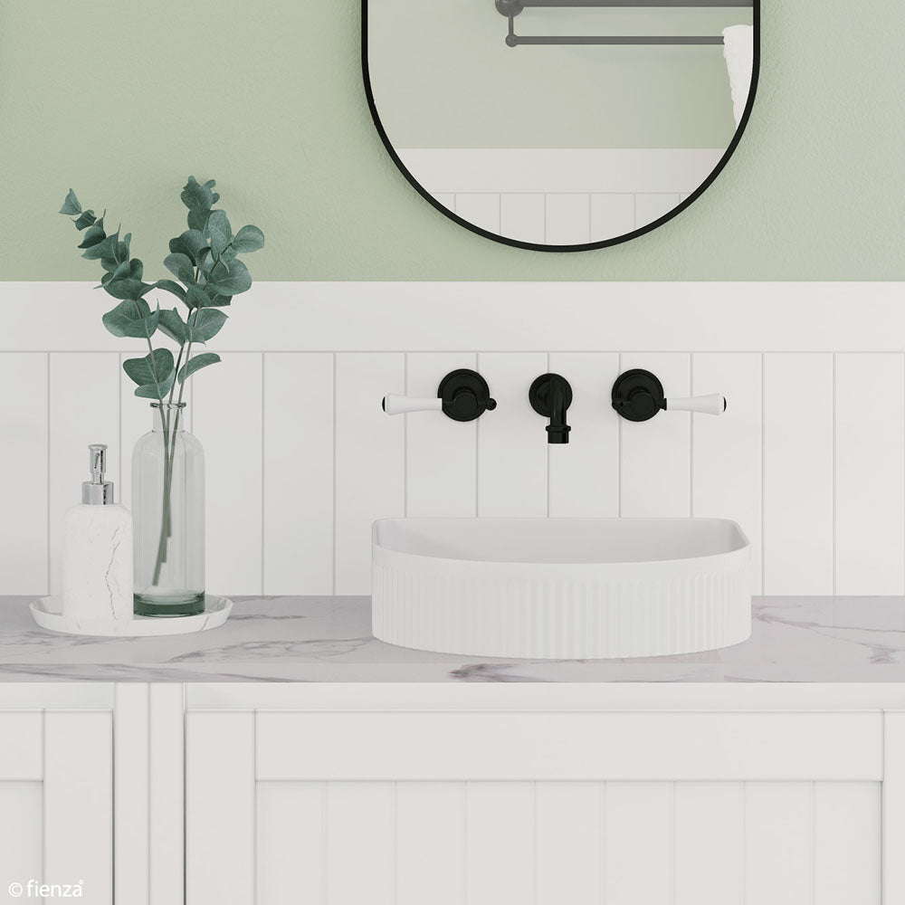 Lillian Lever Basin/Bath Wall Set - Matte Black with Ceramic White Handle