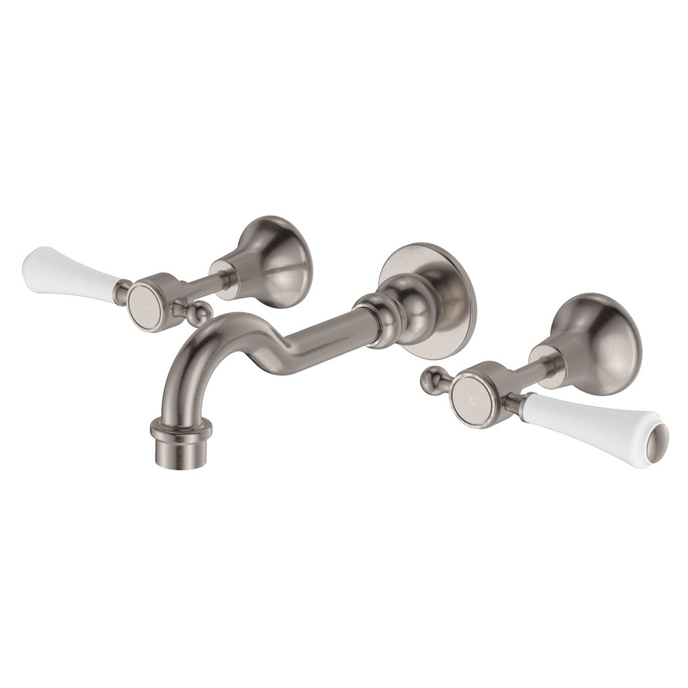 Lillian Lever Basin/Bath Wall Set - Brushed Nickel with Ceramic White Handle