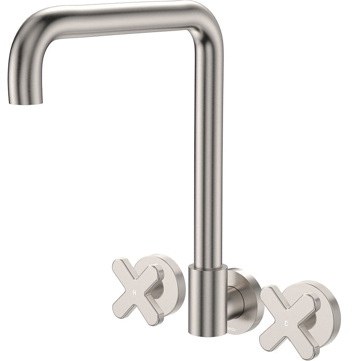 Kaya Squareline Wall Set, Cross Taps - Brushed Nickel