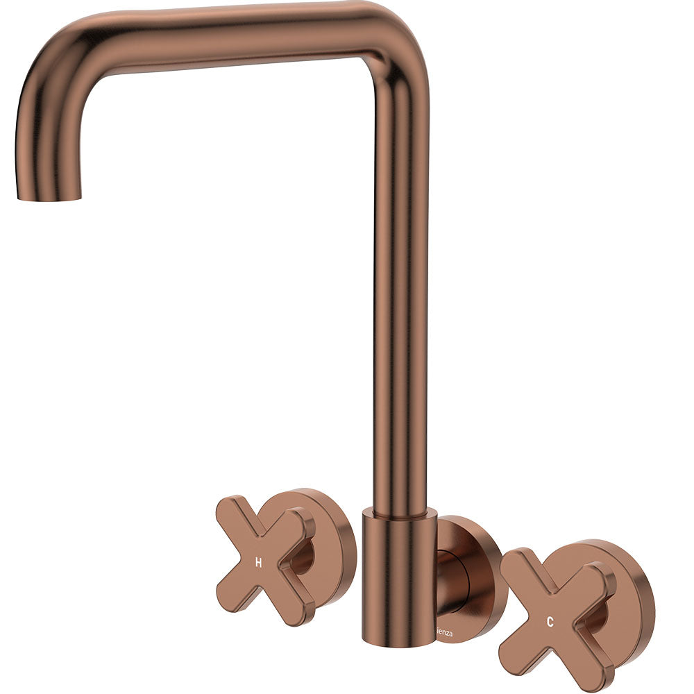 Kaya Squareline Wall Set, Cross Taps - Brushed Copper