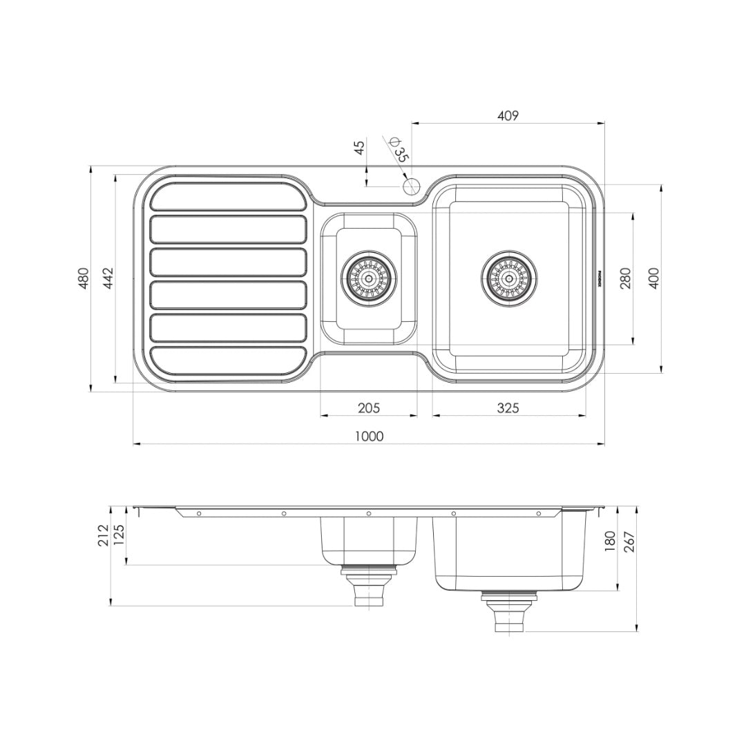 1000 Series 1 and 1/3 Right Hand Bowl Sink with Drainer and Taphole - Stainless Steel