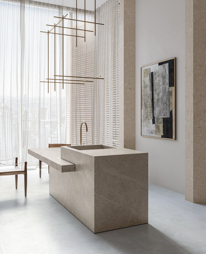 Dekton Ava in a kitchen with Dekton Adia and Sandik