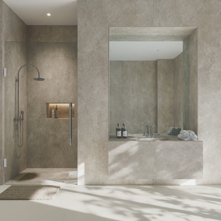 Dekton Grekk in a bathroom with Dekton Moone, wide view