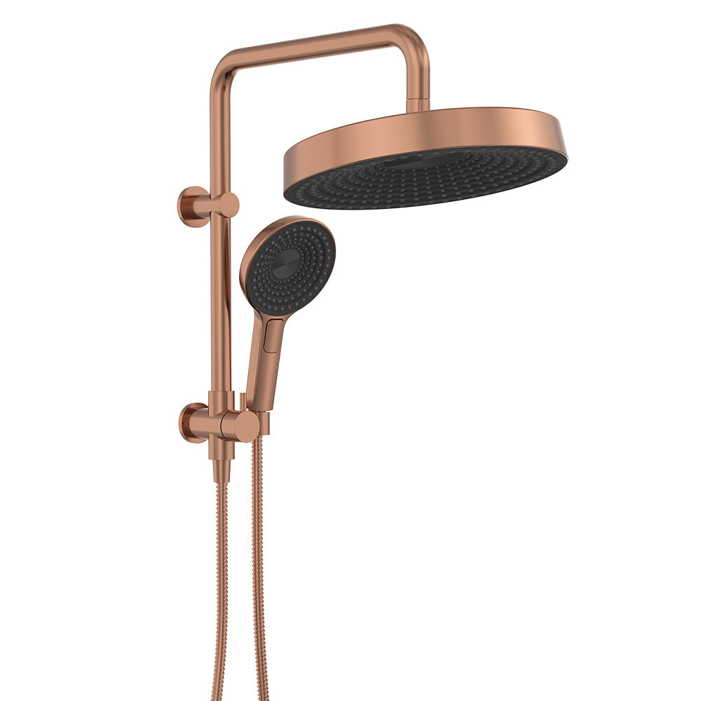 Kuro Twin Half-Rail Shower, Round Head - Brushed Copper