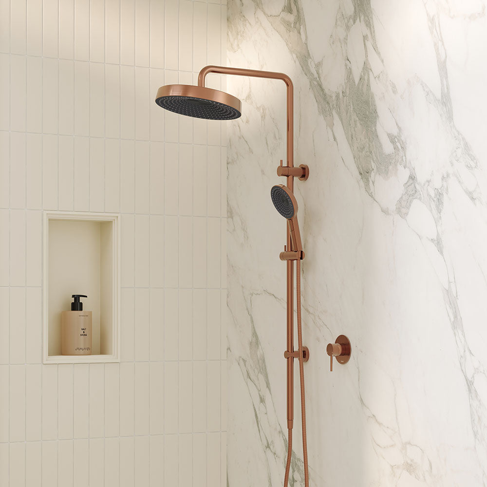 Kuro Twin Shower, Round Head - Brushed Copper