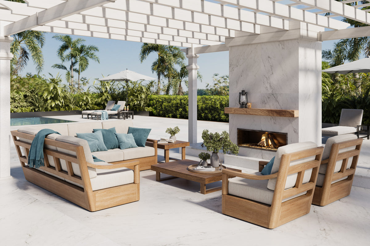 Dekton Marina in an outdoor fireplace and flooring