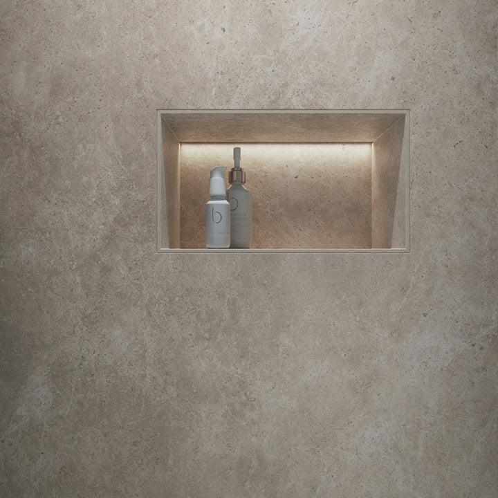 Dekton Grekk in a bathroom with Dekton Moone, close-up