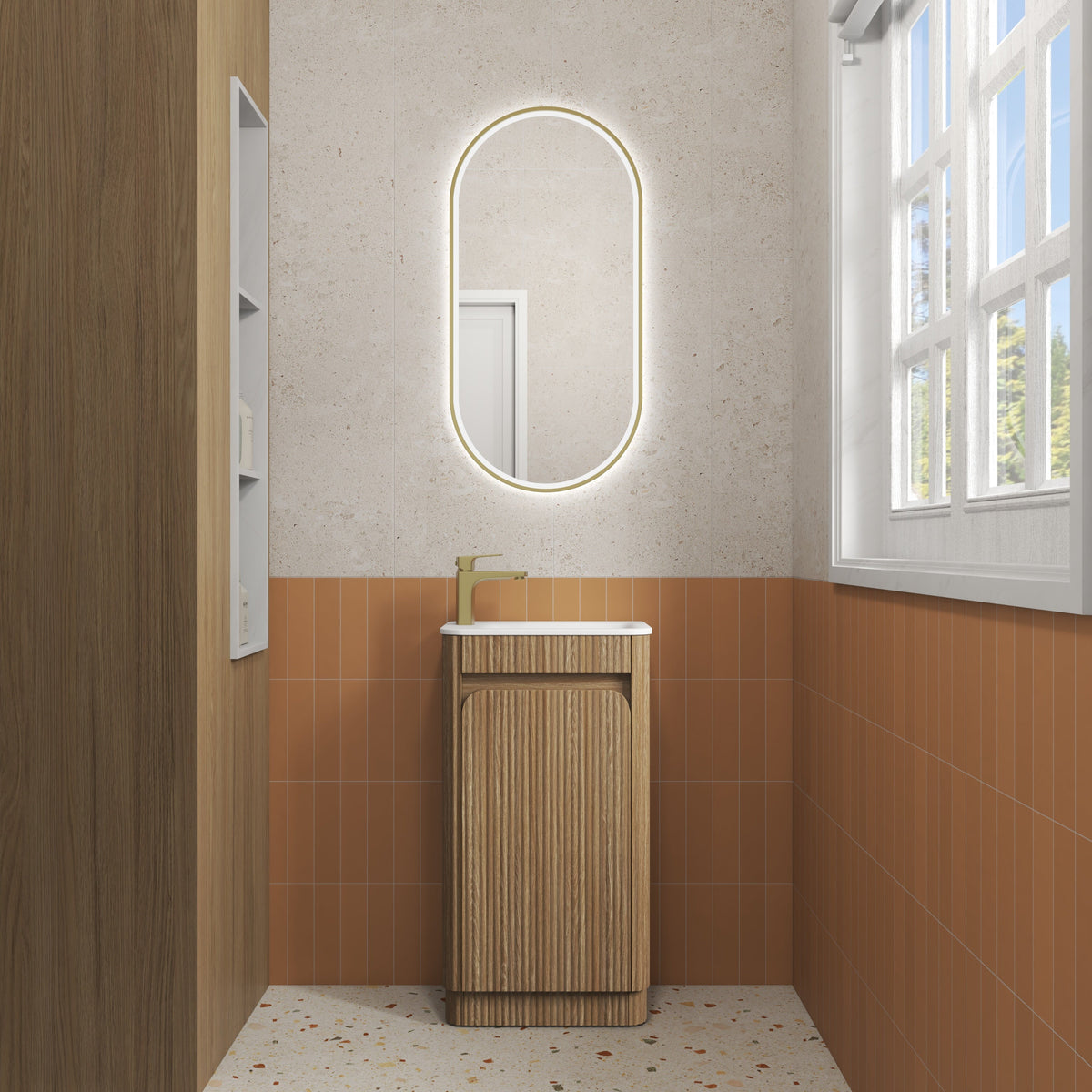 Mini Hartelle Fluted Floor Standing Harvest Oak Cabinet - lifestyle