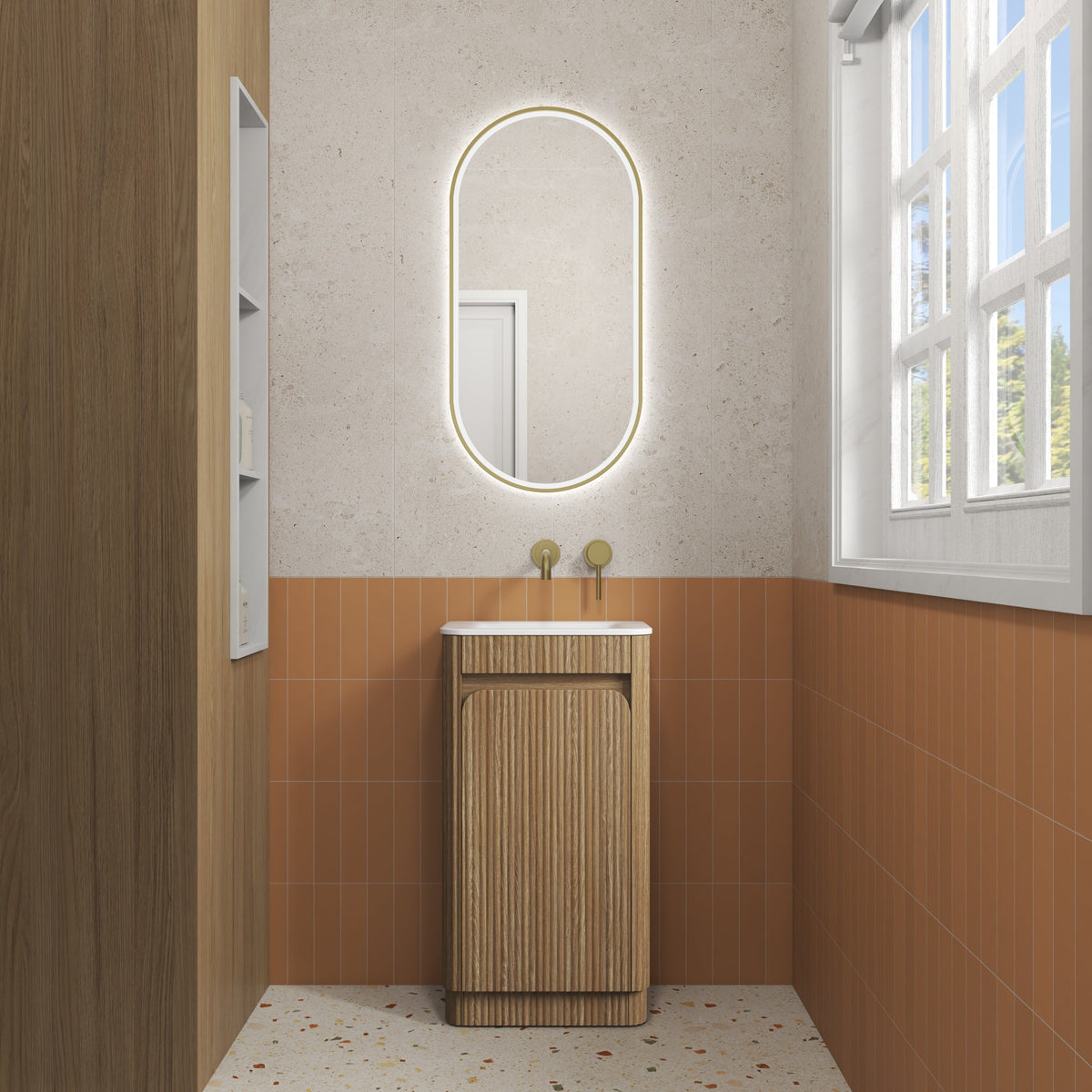 Mini Hartelle Fluted Floor Standing Harvest Oak Cabinet - lifestyle