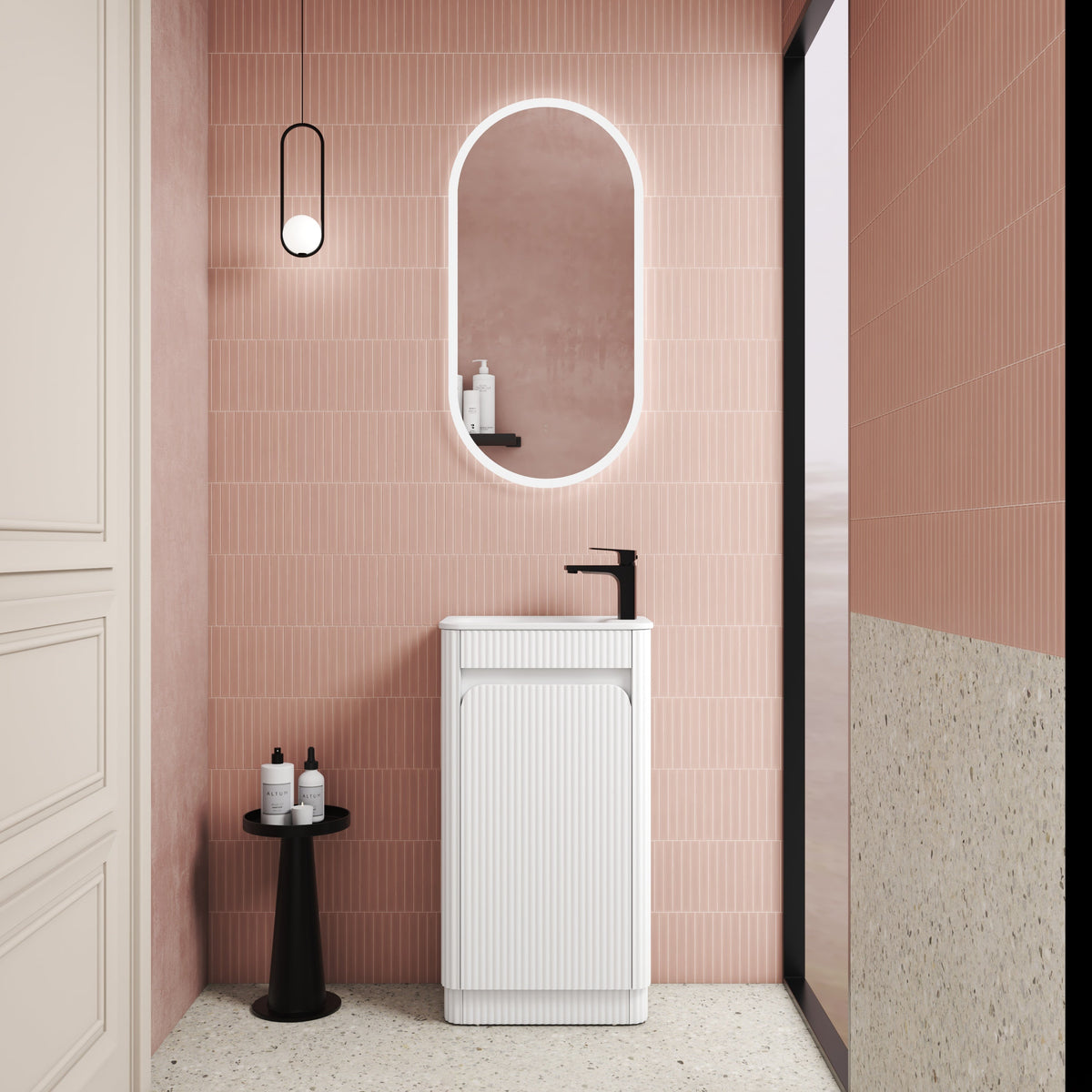 Mini Hartelle Fluted Floor Standing Matte White Cabinet - lifestyle
