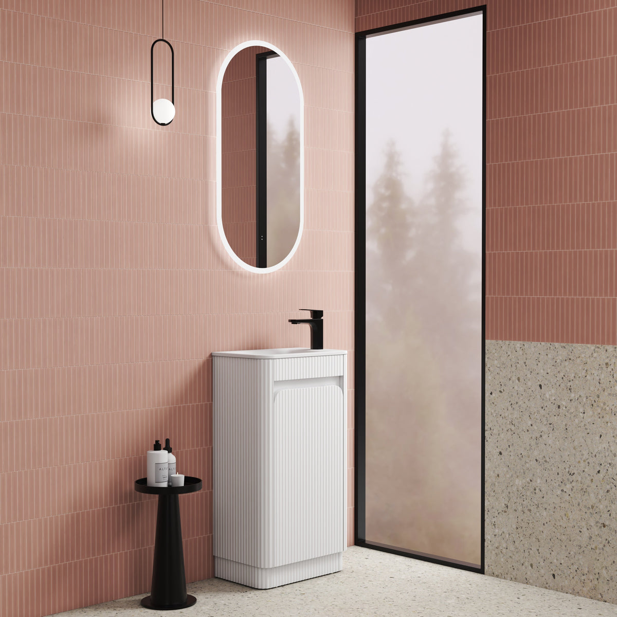 Mini Hartelle Fluted Floor Standing Matte White Cabinet - lifestyle