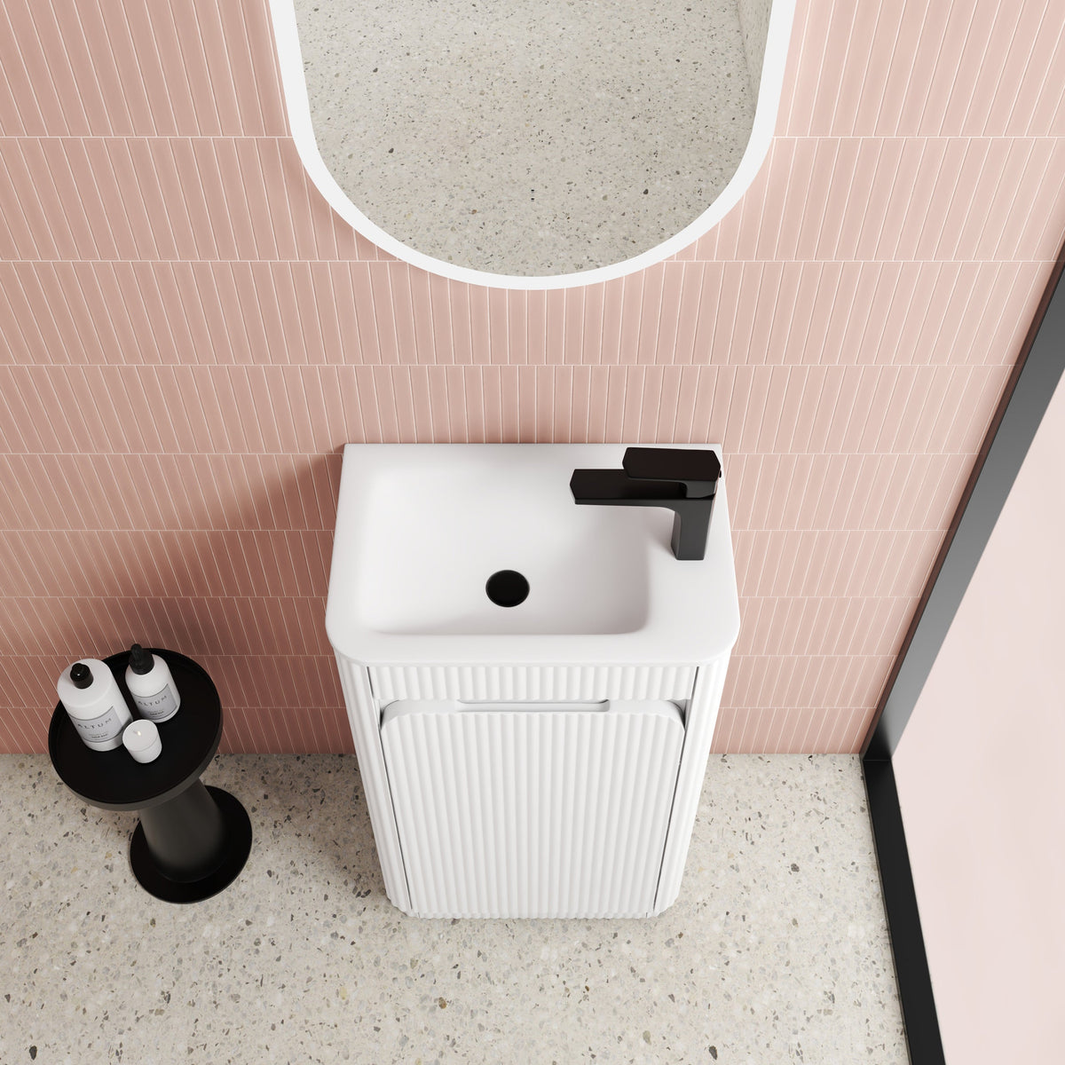 Mini Hartelle Fluted Floor Standing Matte White Cabinet - lifestyle
