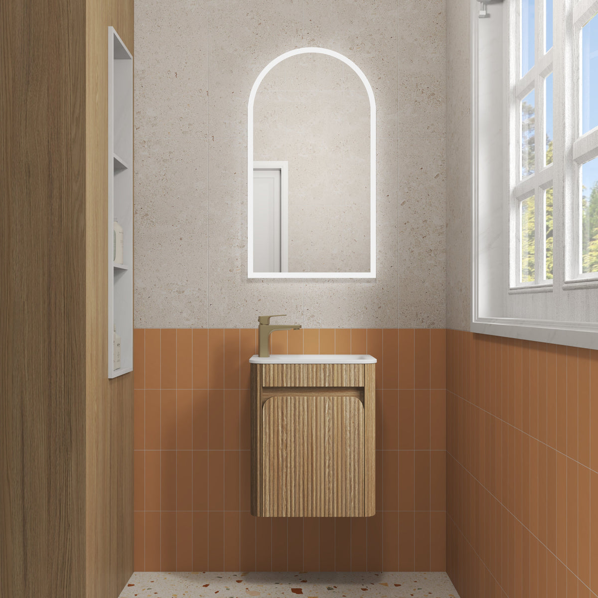 Mini Hartelle Fluted Wall Hung Harvest Oak Cabinet - lifestyle