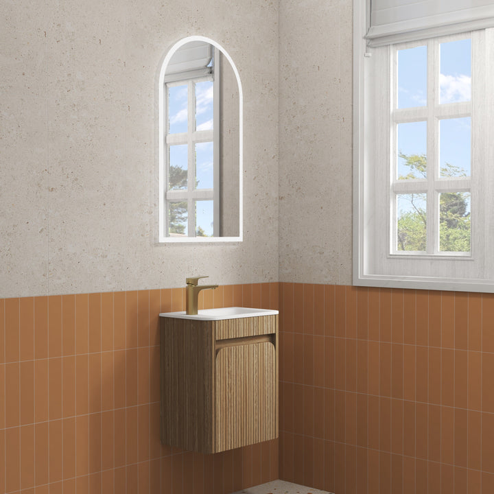 Mini Hartelle Fluted Wall Hung Harvest Oak Cabinet - lifestyle