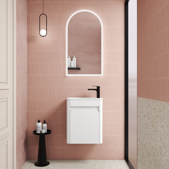 Mini Hartelle Fluted Wall Hung Matte White Cabinet - lifestyle