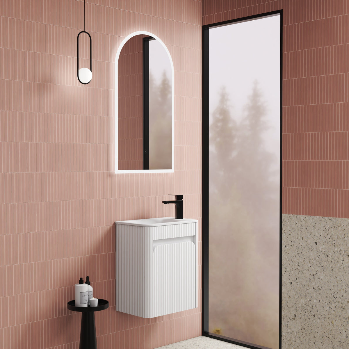 Mini Hartelle Fluted Wall Hung Matte White Cabinet - lifestyle