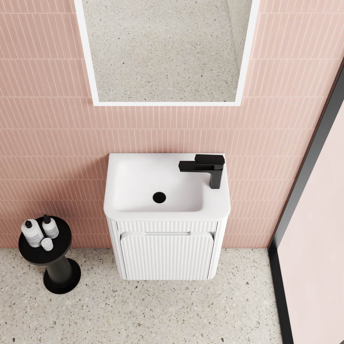 Mini Hartelle Fluted Wall Hung Matte White Cabinet - lifestyle