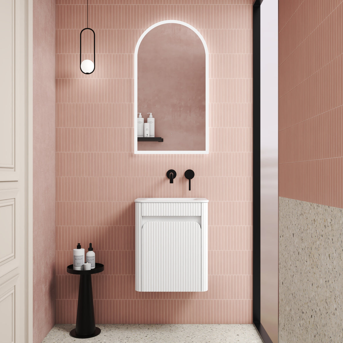 Mini Hartelle Fluted Wall Hung Matte White Cabinet - lifestyle