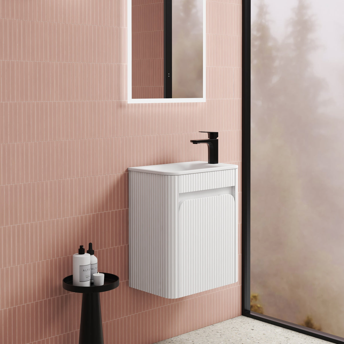 Mini Hartelle Fluted Wall Hung Matte White Cabinet - lifestyle