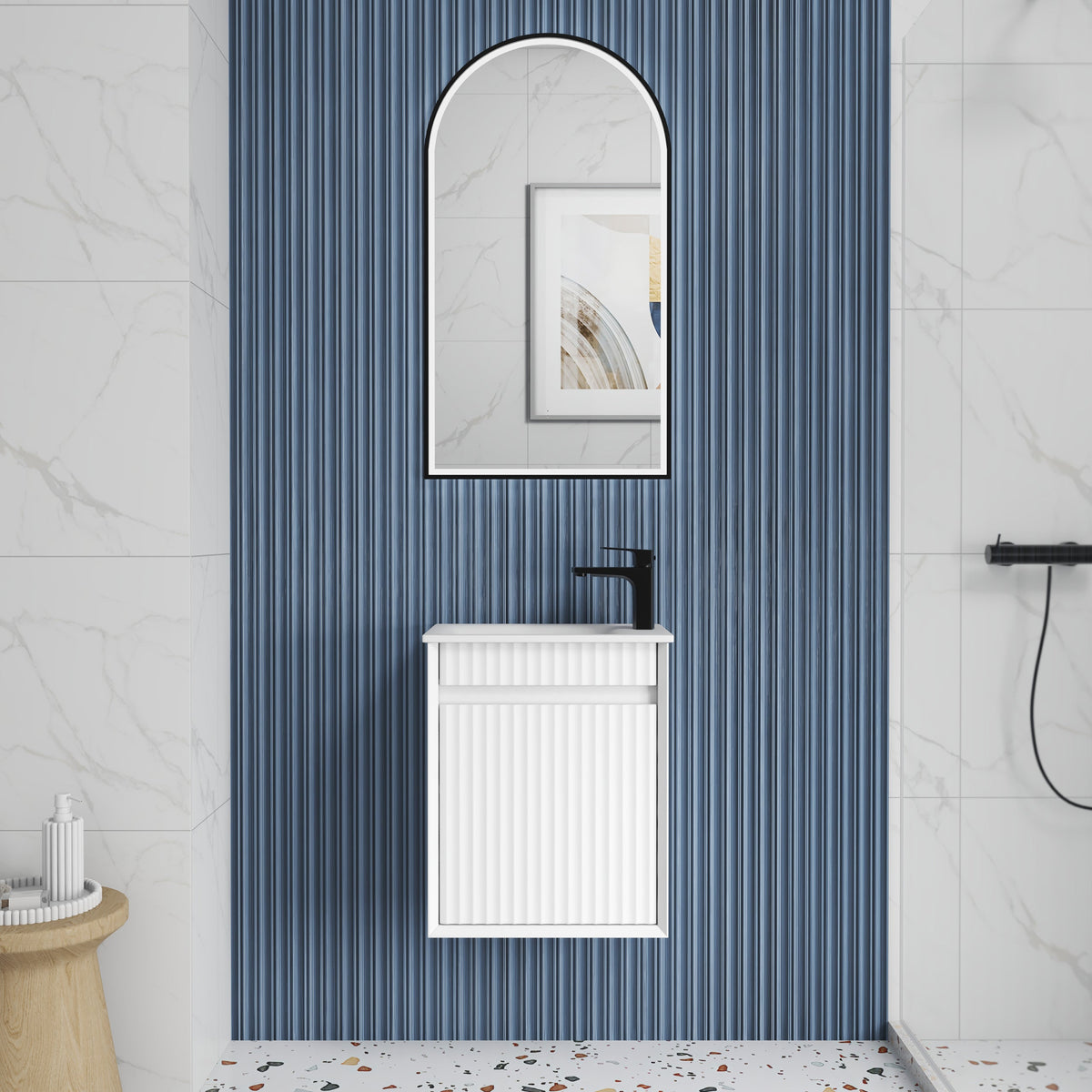 Mini Ravia Fluted Wall Hung Matte White Cabinet - lifestyle