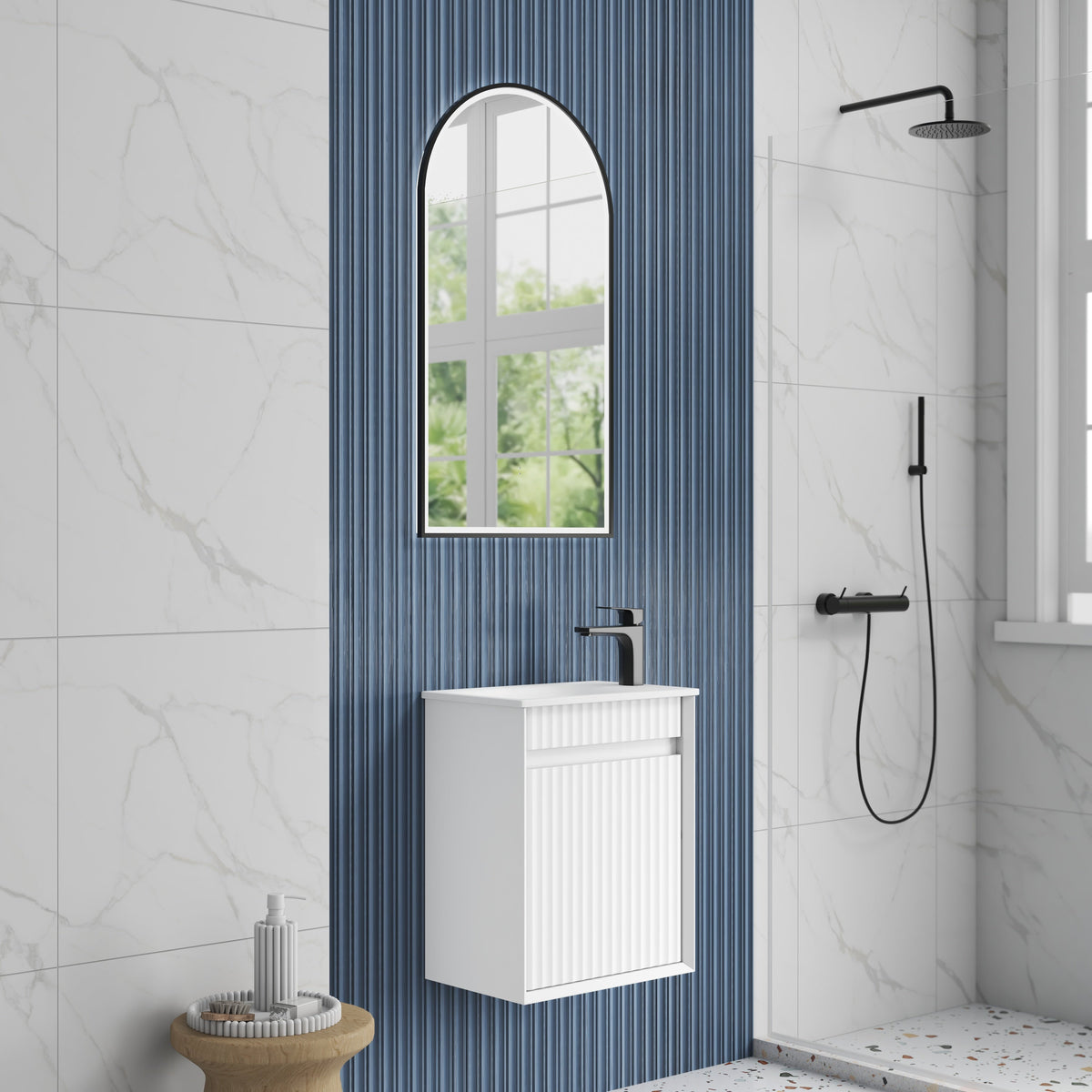 Mini Ravia Fluted Wall Hung Matte White Cabinet - lifestyle
