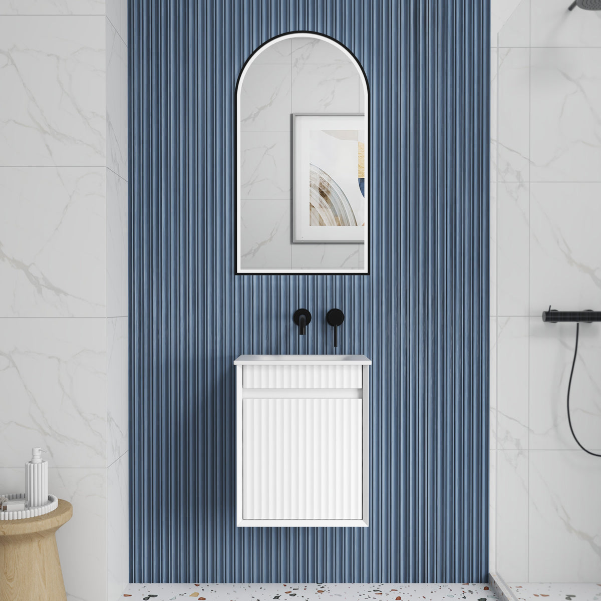 Mini Ravia Fluted Wall Hung Matte White Cabinet - lifestyle