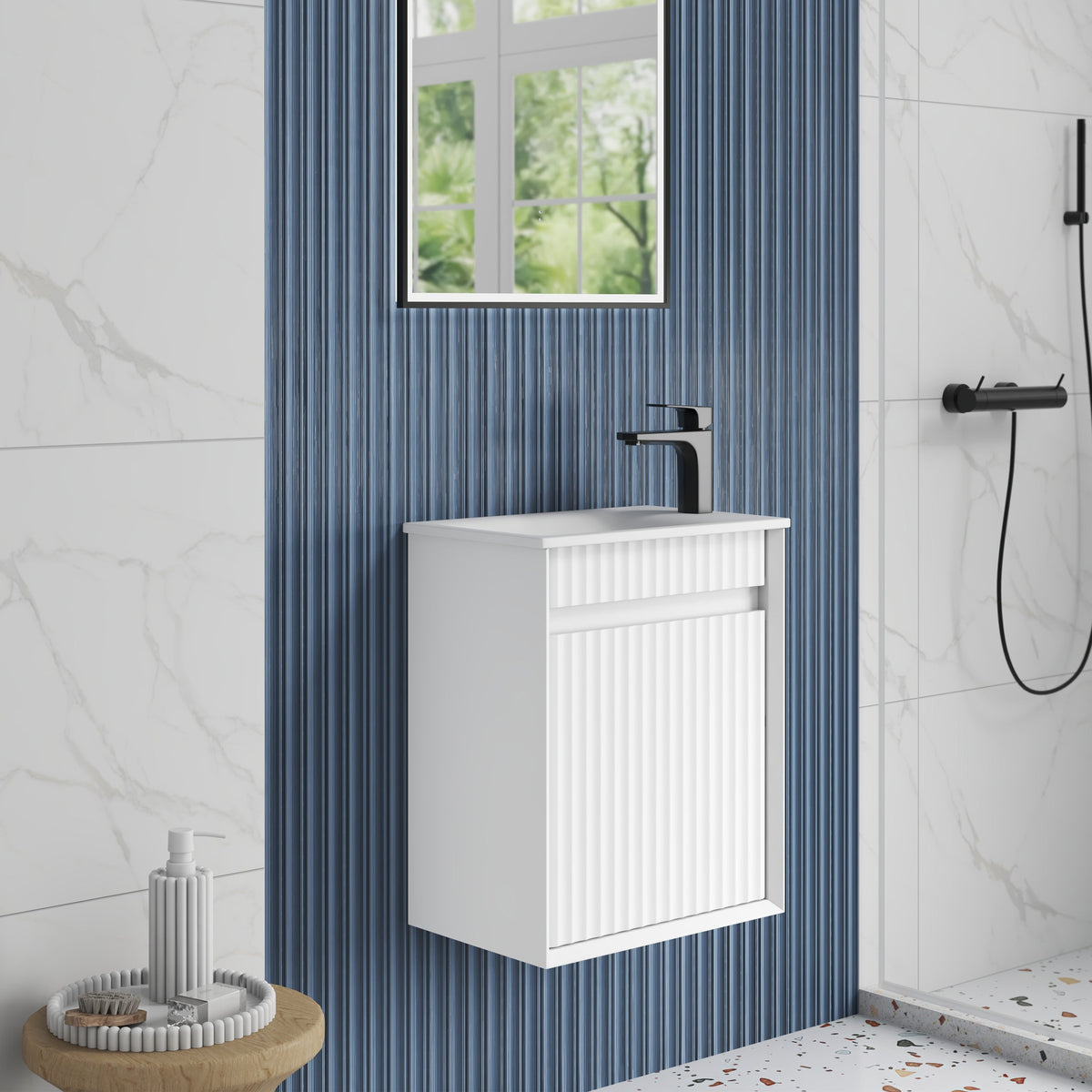Mini Ravia Fluted Wall Hung Matte White Cabinet - lifestyle